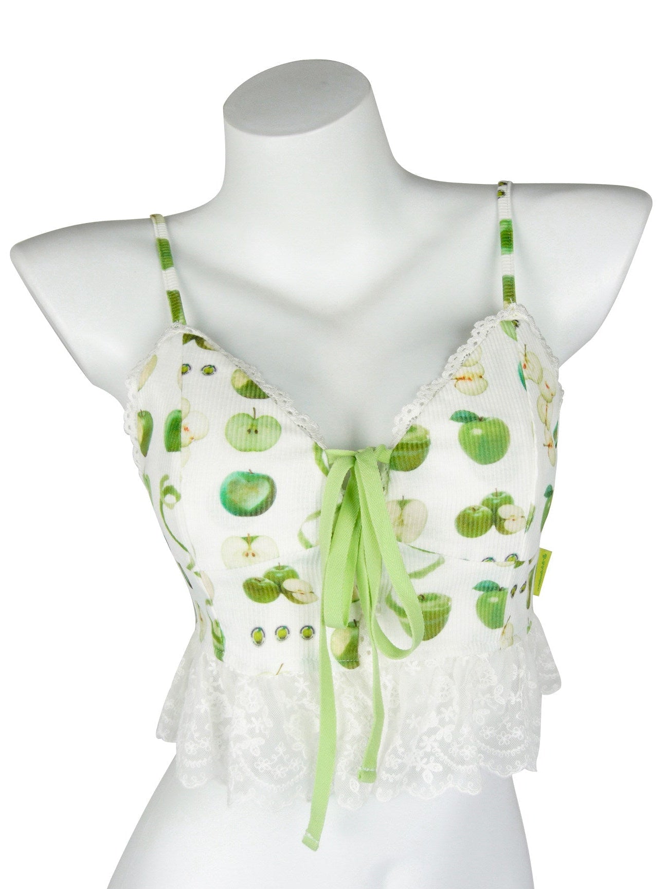 Green Apple Print Pearl Lace Bow Fitted Cropped Camisole Top