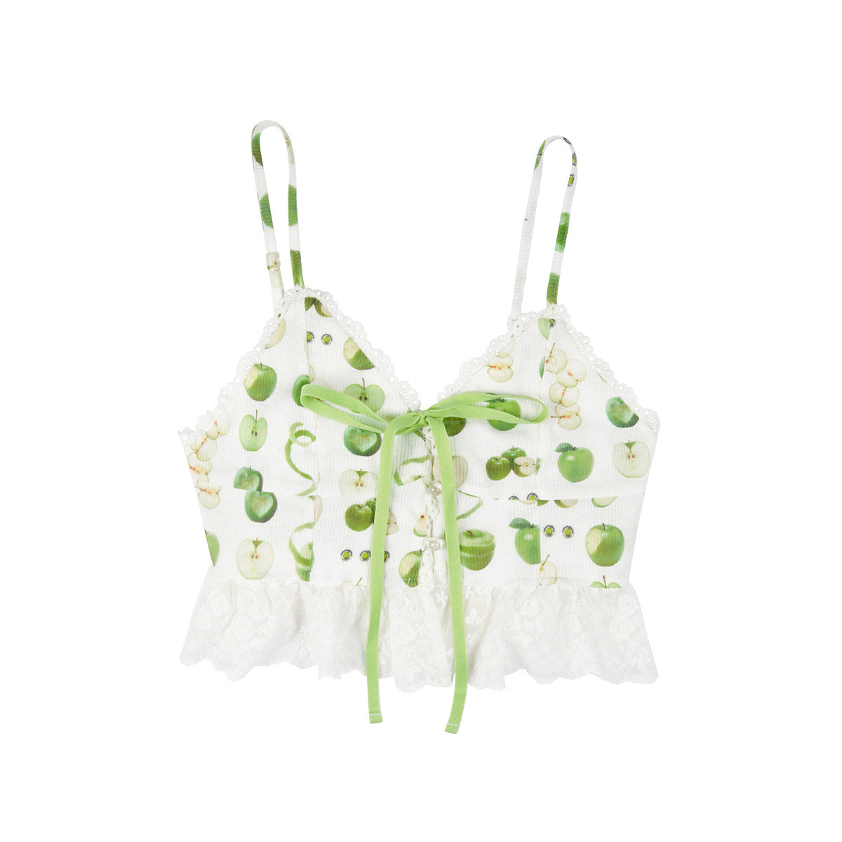 Green Apple Print Pearl Lace Bow Fitted Cropped Camisole Top