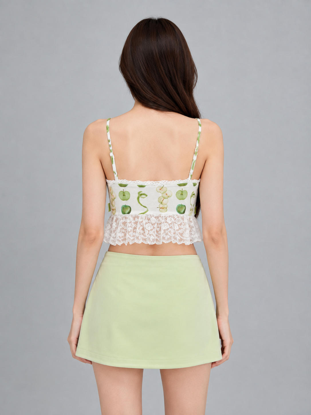 Green Apple Print Pearl Lace Bow Fitted Cropped Camisole Top