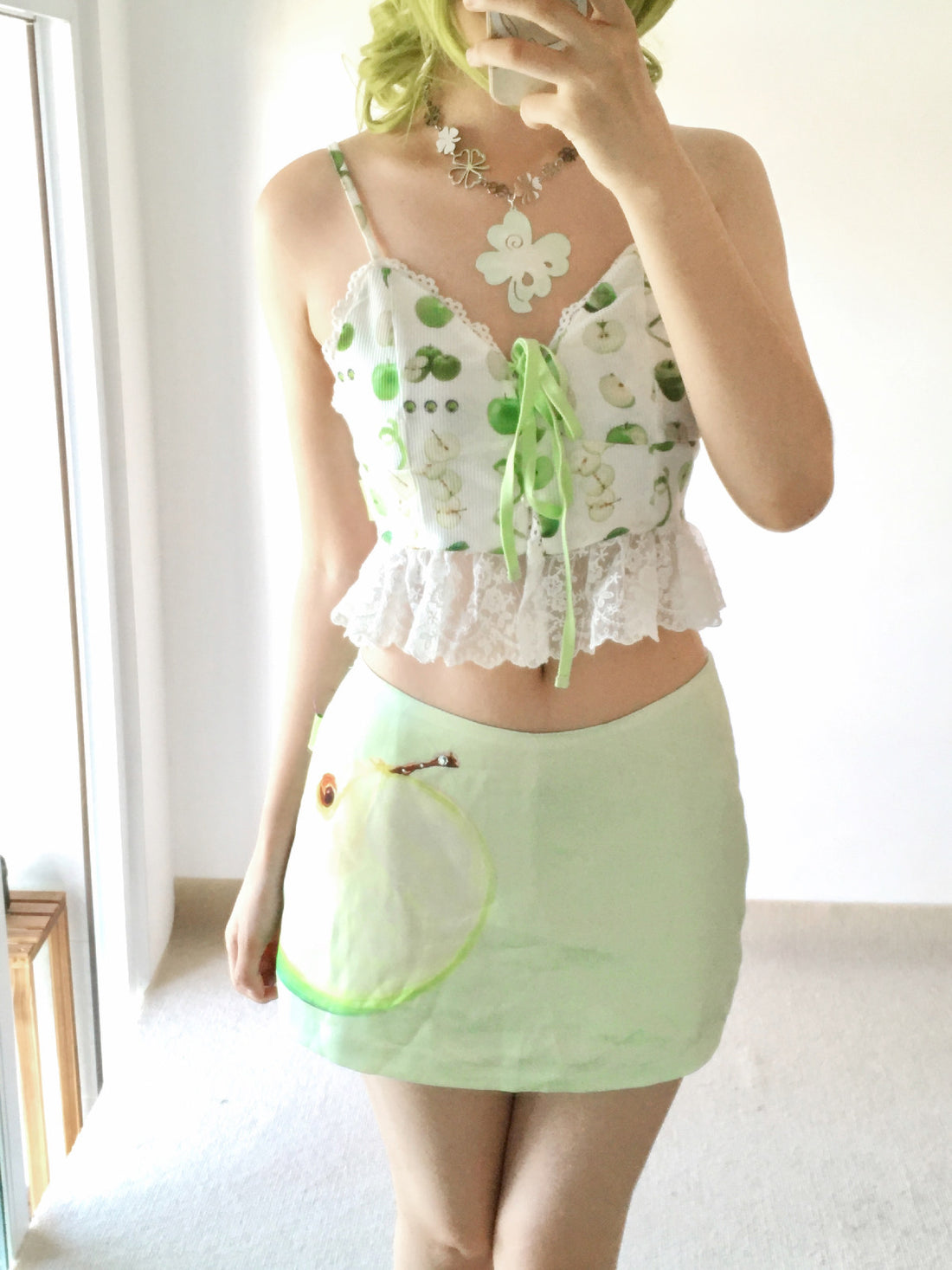 Green Apple Print Pearl Lace Bow Fitted Cropped Camisole Top