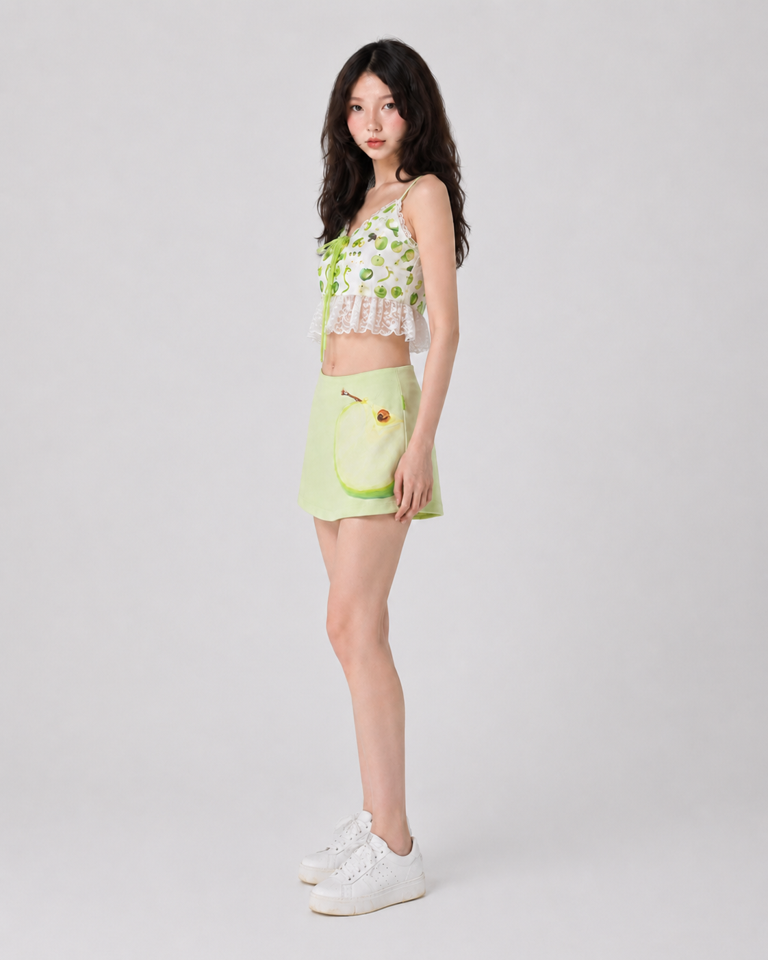 Green Apple Print Satin Rhinestone A-Line Skort Y2K Sweet Mini Skirt