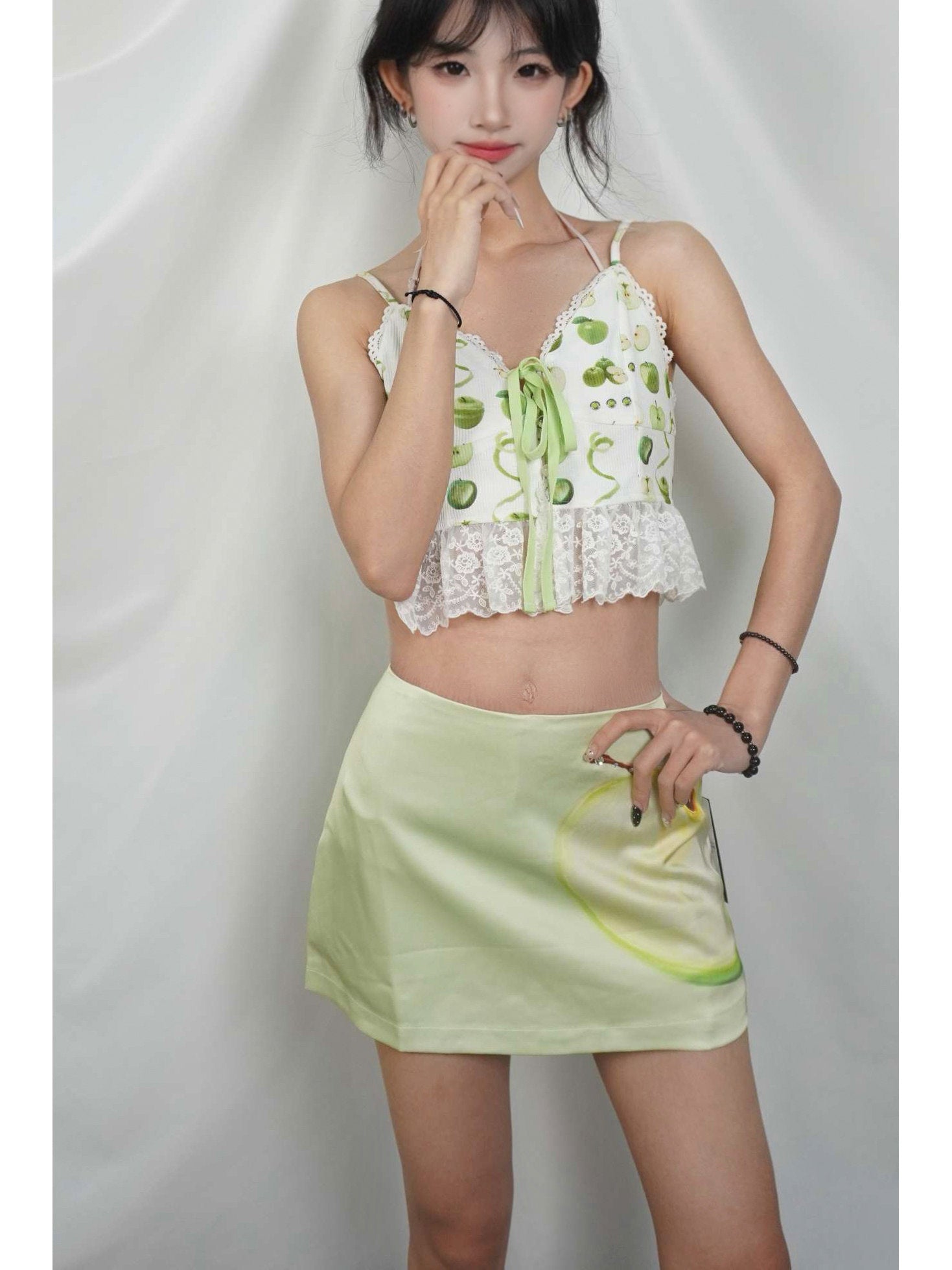 Green Apple Print Satin Rhinestone A-Line Skort Y2K Sweet Mini Skirt