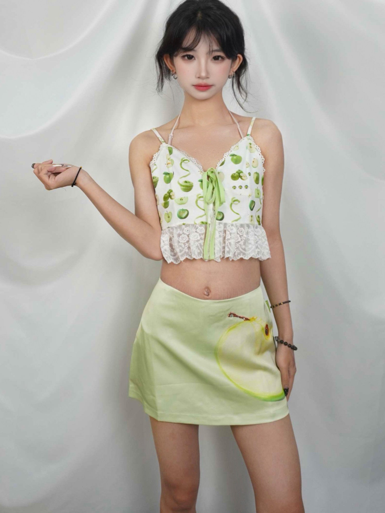 Green Apple Print Satin Rhinestone A-Line Skort Y2K Sweet Mini Skirt