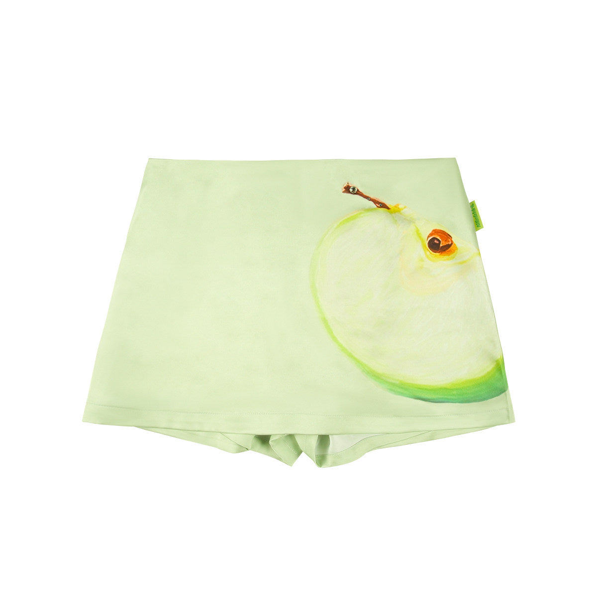 Green Apple Print Satin Rhinestone A-Line Skort Y2K Sweet Mini Skirt
