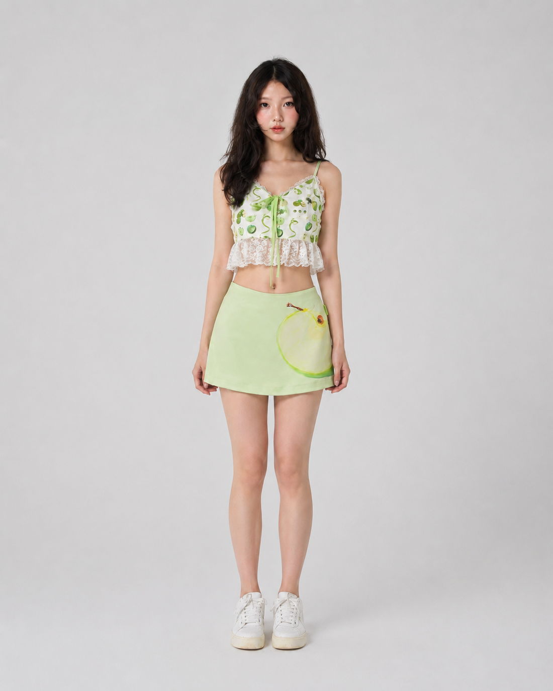 Green Apple Print Satin Rhinestone A-Line Skort Y2K Sweet Mini Skirt
