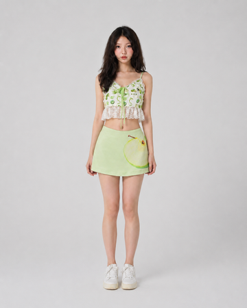 Green Apple Print Satin Rhinestone A-Line Skort Y2K Sweet Mini Skirt