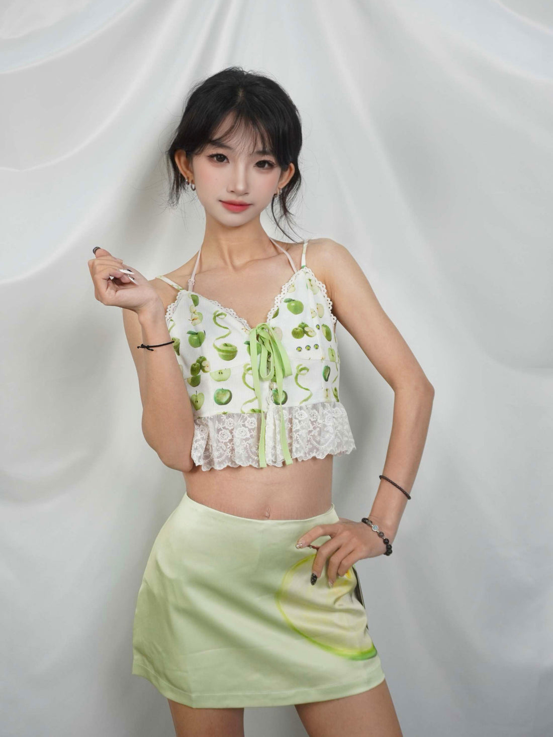 Green Apple Print Satin Rhinestone A-Line Skort Y2K Sweet Mini Skirt