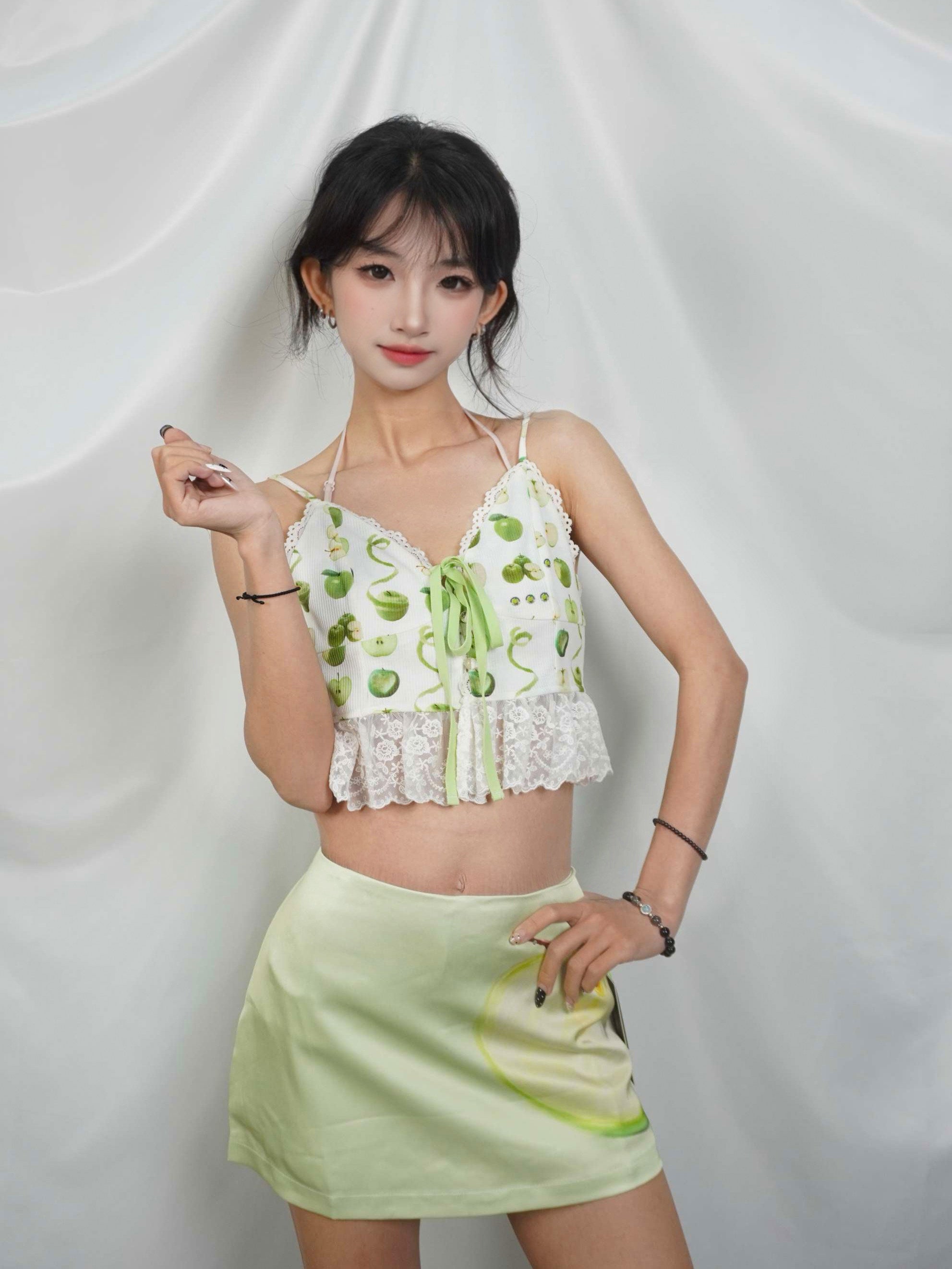 Green Apple Print Satin Rhinestone A-Line Skort Y2K Sweet Mini Skirt