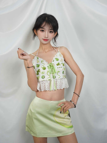 Green Apple Print Satin Rhinestone A-Line Skort Y2K Sweet Mini Skirt
