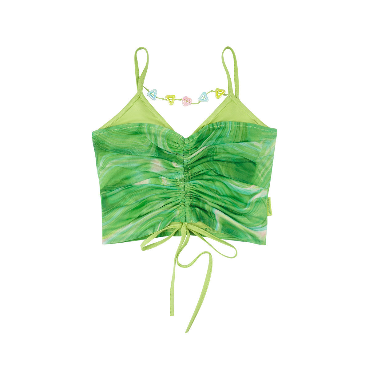 Green Illusion Brat Green Swirl Print Ruched Drawstring Crop Cami
