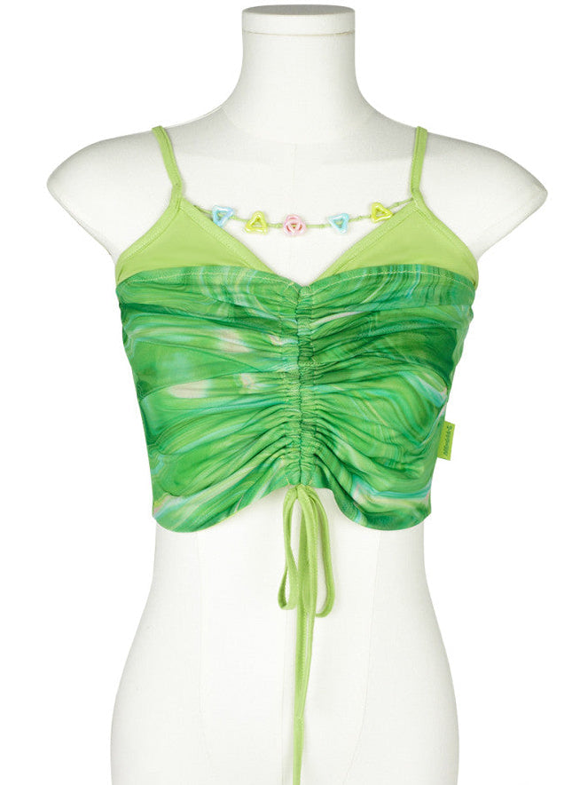 Green Illusion Brat Green Swirl Print Ruched Drawstring Crop Cami