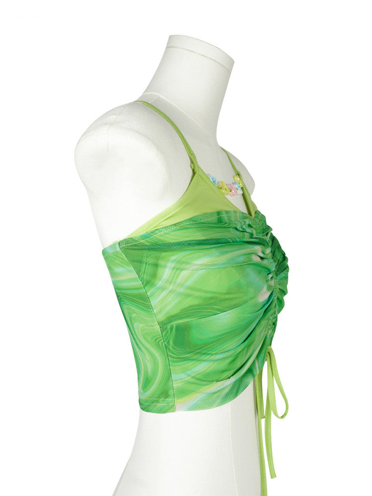 Green Illusion Brat Green Swirl Print Ruched Drawstring Crop Cami
