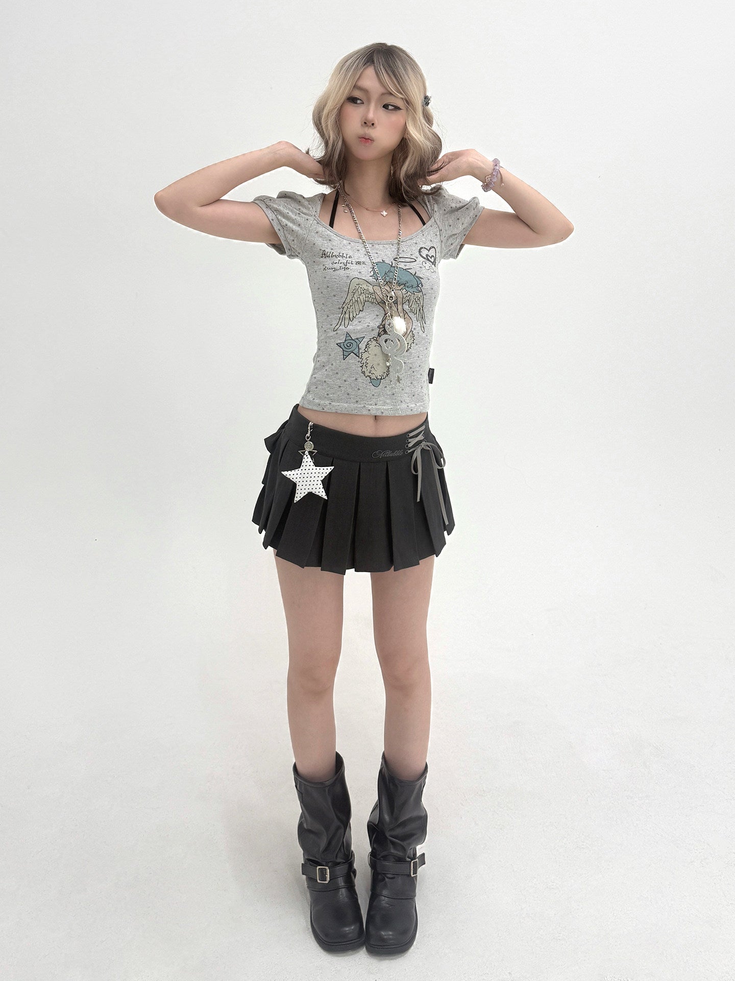 Grey Bow Lace-Up High-Waist Pleated Mini Skort