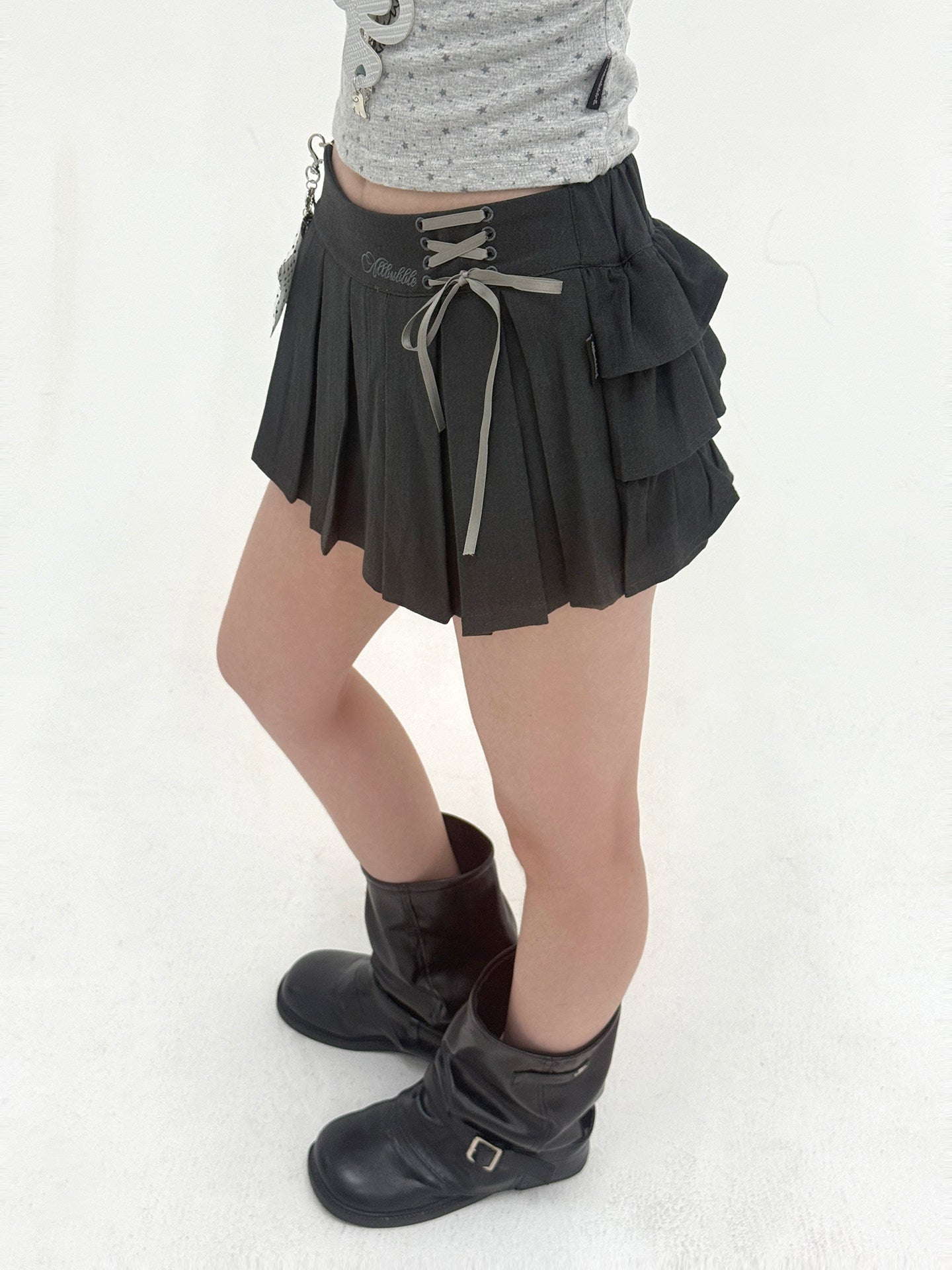 Grey Bow Lace-Up High-Waist Pleated Mini Skort