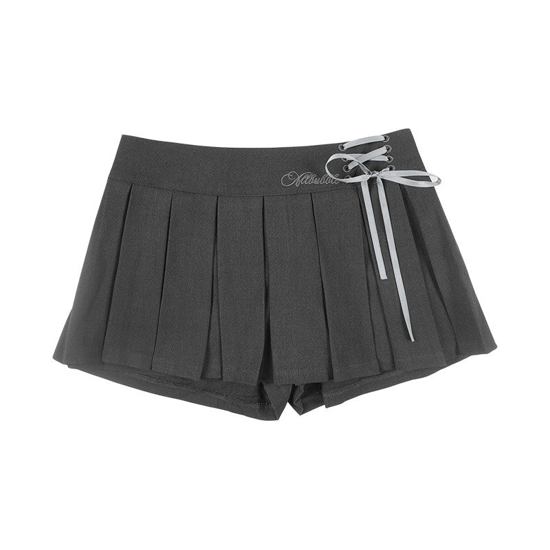 Grey Bow Lace-Up High-Waist Pleated Mini Skort