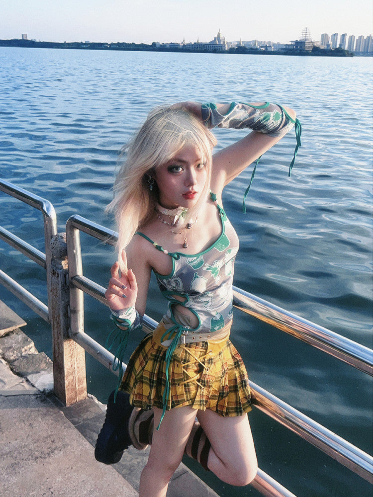 Grey Green Ice Cream Dessert Print Side-Cutout Tie Crop Cami Top