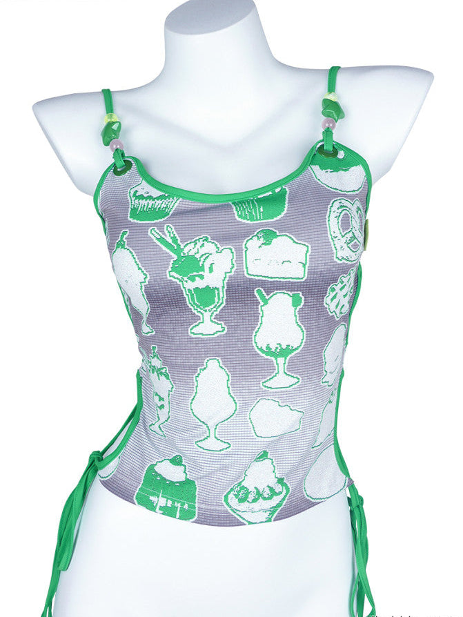 Grey Green Ice Cream Dessert Print Side-Cutout Tie Crop Cami Top
