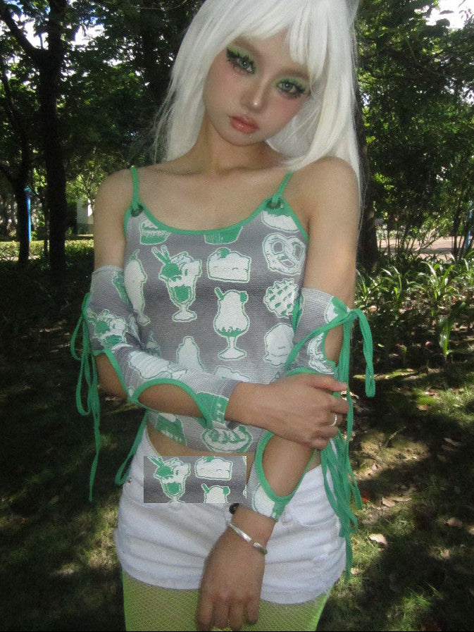 Grey Green Ice Cream Dessert Print Side-Cutout Tie Crop Cami Top