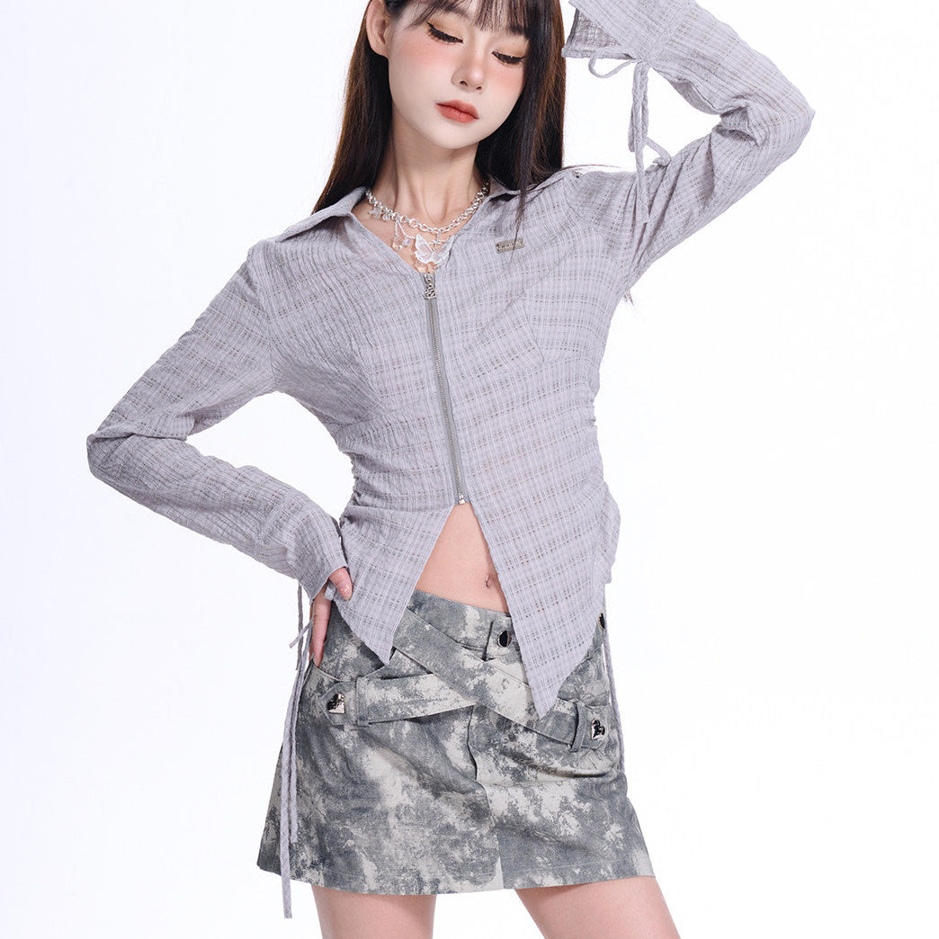 Grey Washed Cross-Strap Heart Hardware Low-Rise Mini Skirt