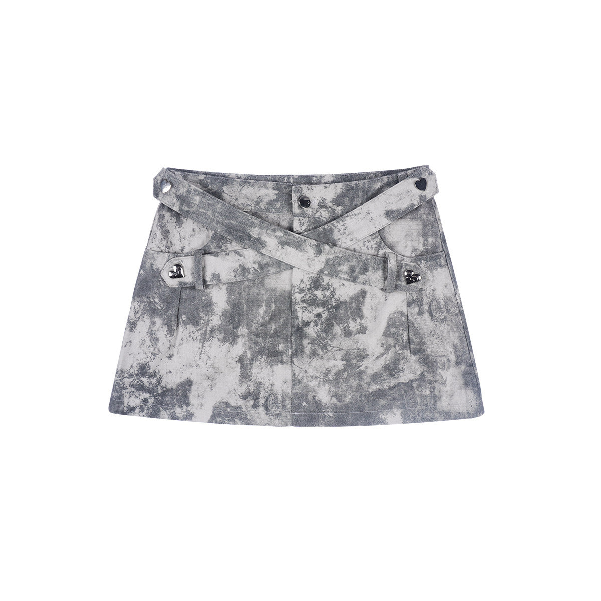 Grey Washed Cross-Strap Heart Hardware Low-Rise Mini Skirt