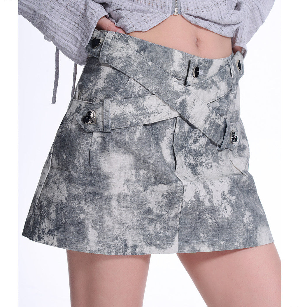 Grey Washed Cross-Strap Heart Hardware Low-Rise Mini Skirt
