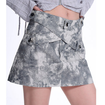 Grey Washed Cross-Strap Heart Hardware Low-Rise Mini Skirt
