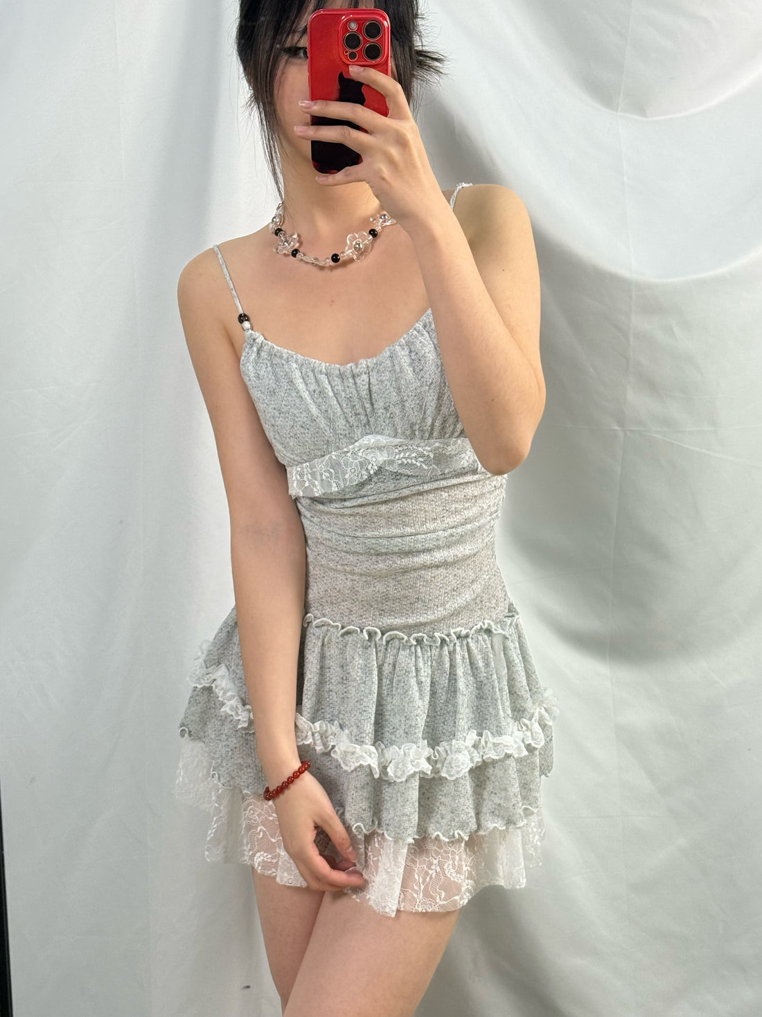 Grey White Lace Ruched Waist Tiered Ruffle Cami Mini Dress