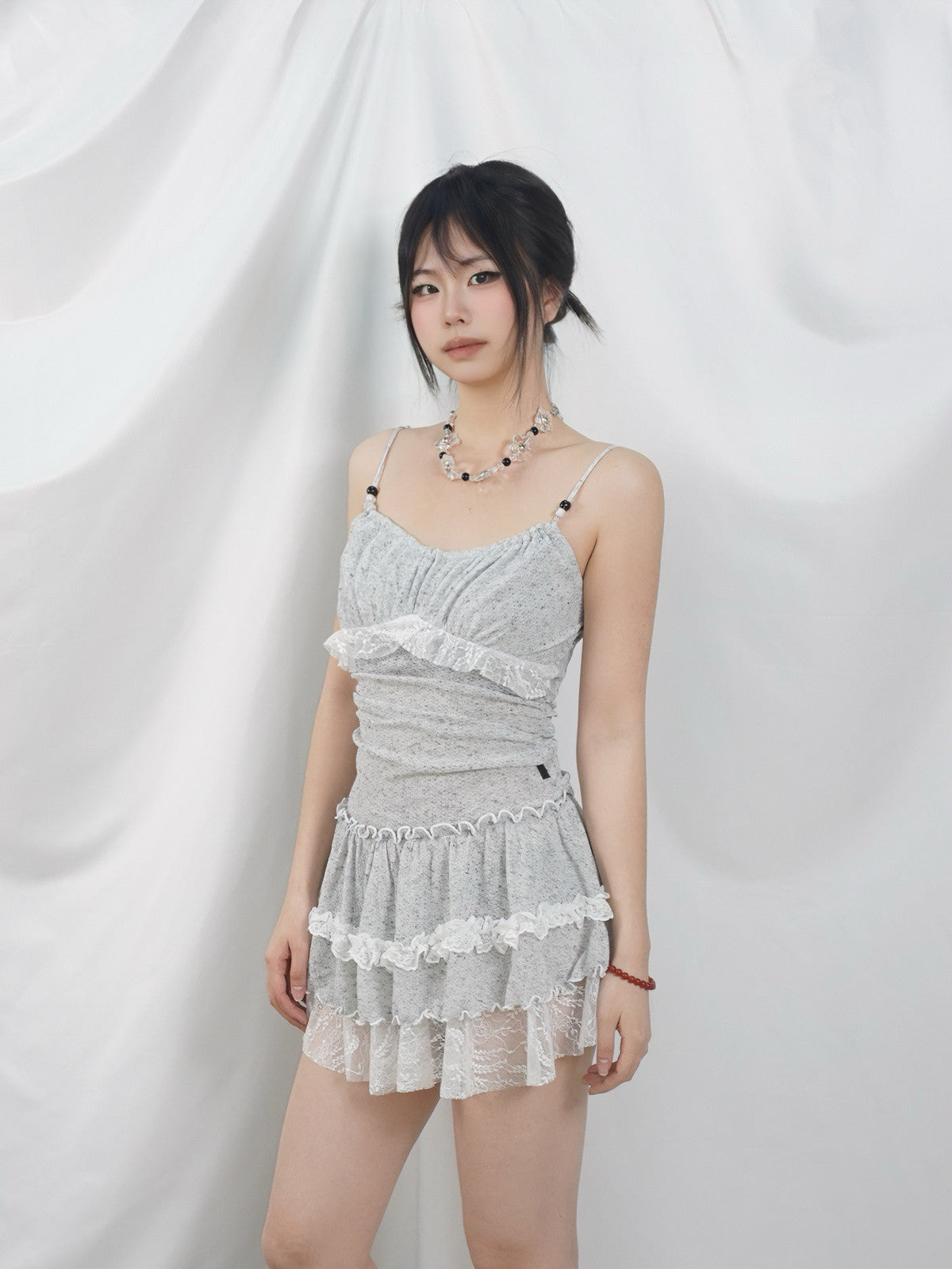 Grey White Lace Ruched Waist Tiered Ruffle Cami Mini Dress