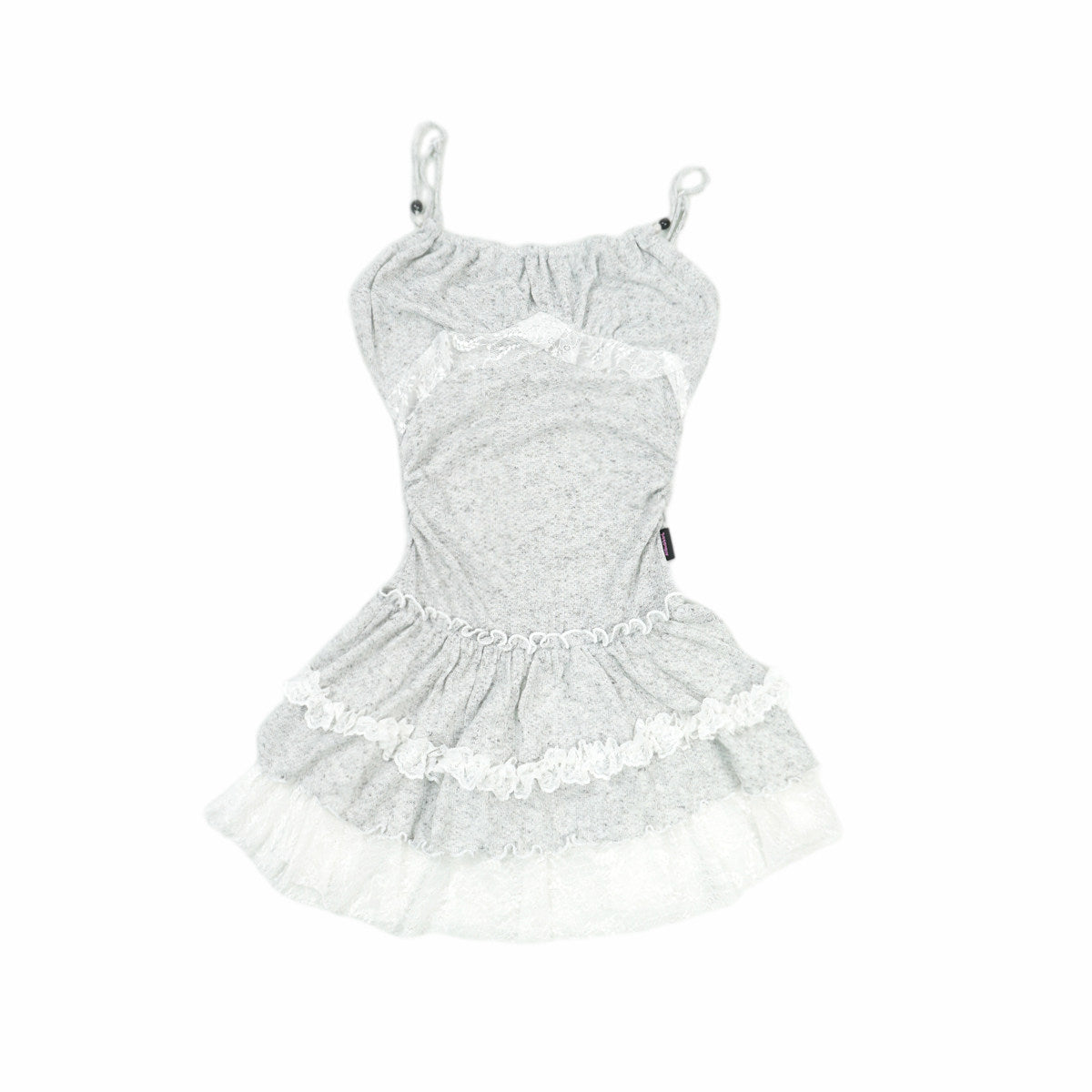 Grey White Lace Ruched Waist Tiered Ruffle Cami Mini Dress