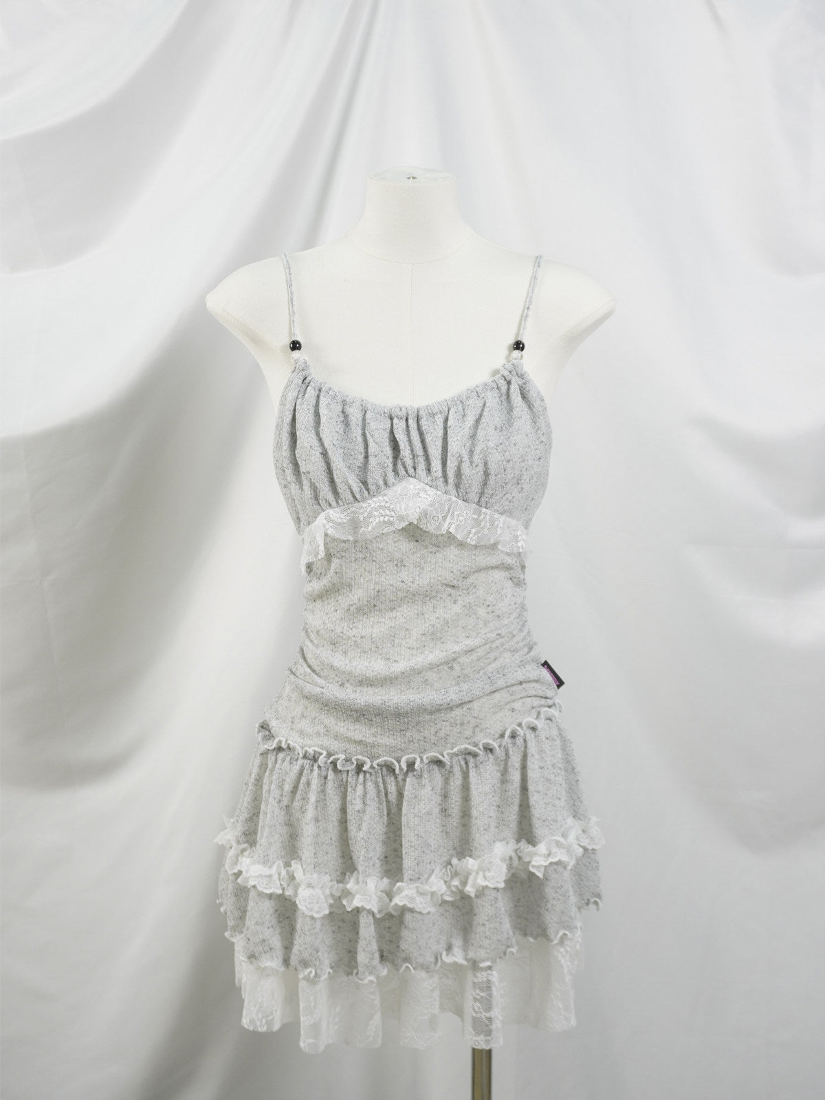 Grey White Lace Ruched Waist Tiered Ruffle Cami Mini Dress