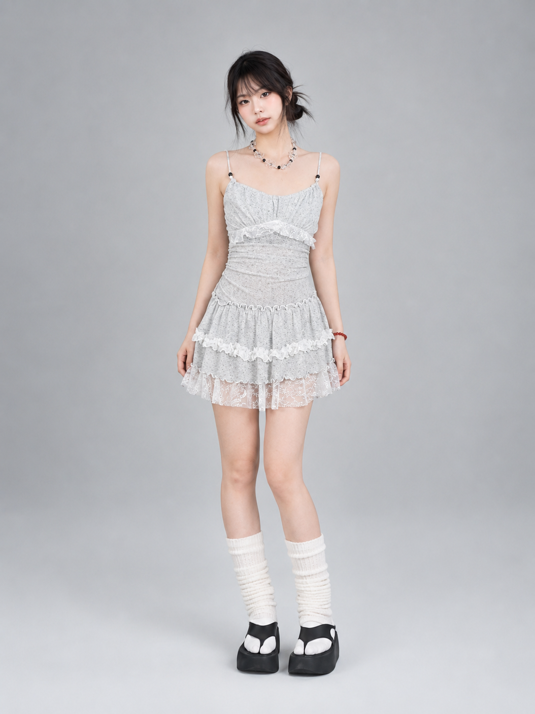 Grey White Lace Ruched Waist Tiered Ruffle Cami Mini Dress
