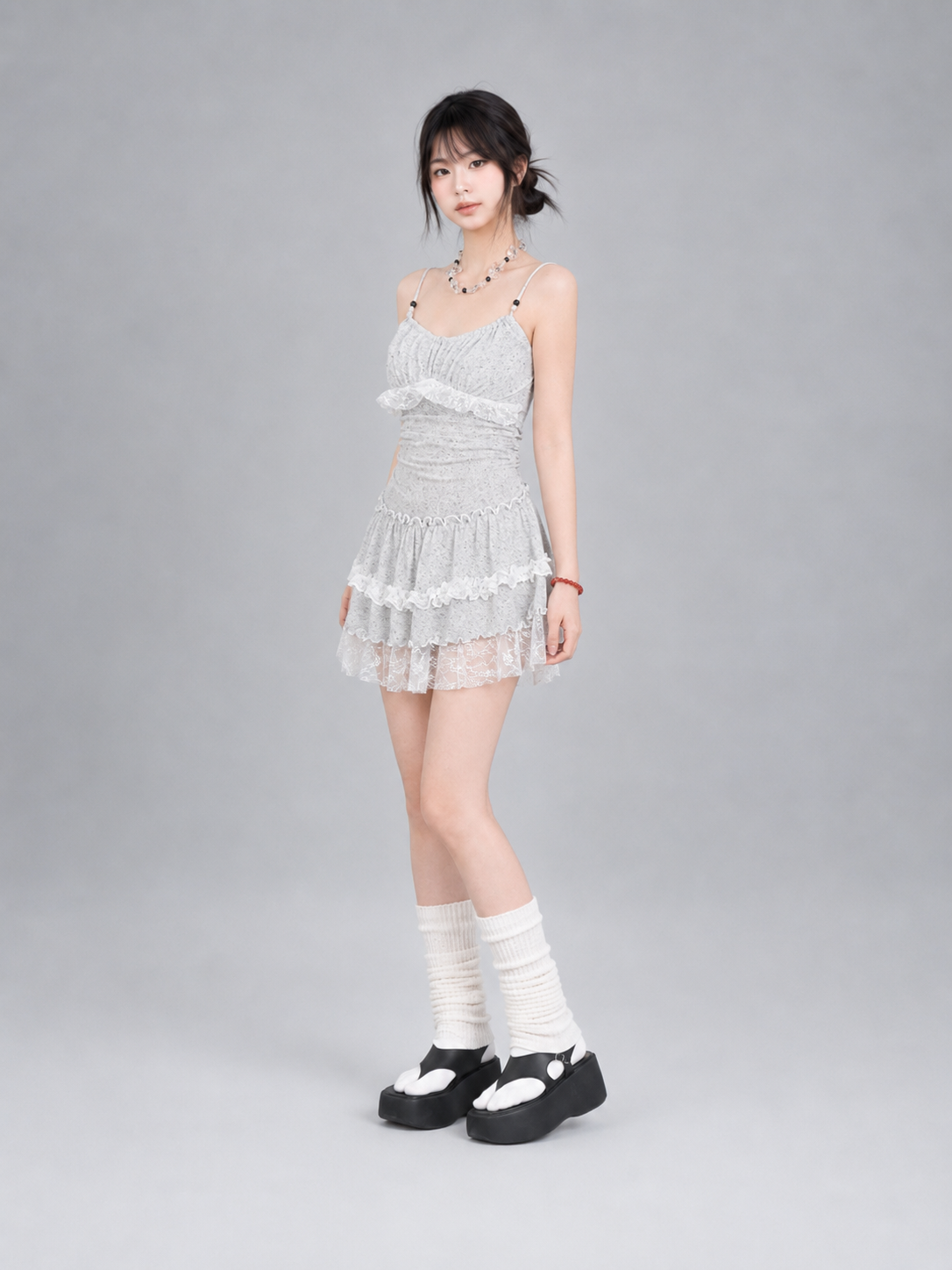 Grey White Lace Ruched Waist Tiered Ruffle Cami Mini Dress