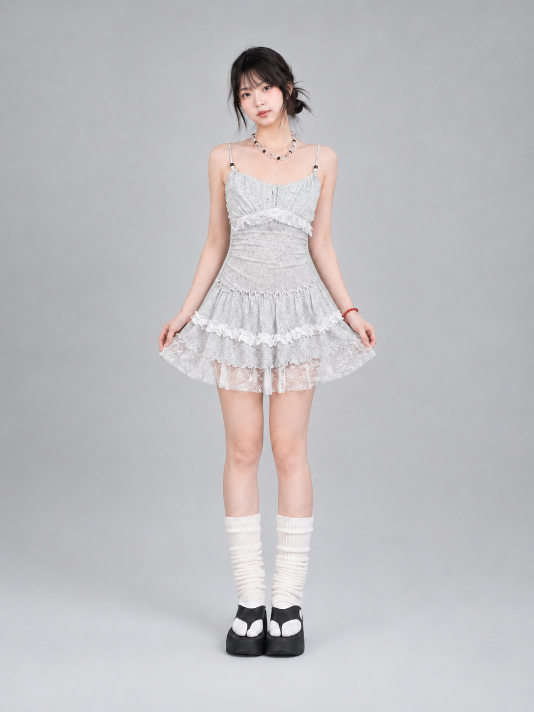 Grey White Lace Ruched Waist Tiered Ruffle Cami Mini Dress