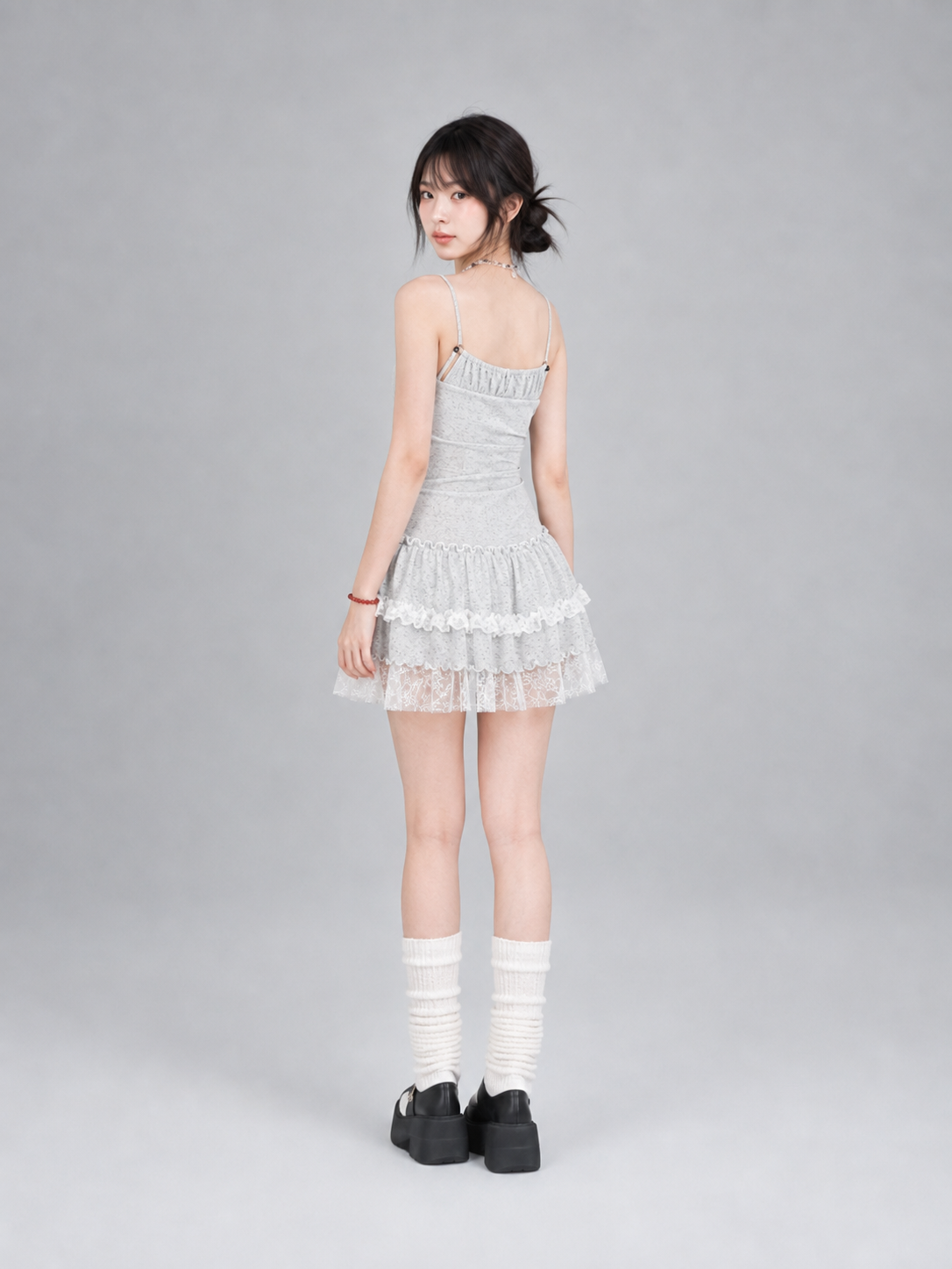 Grey White Lace Ruched Waist Tiered Ruffle Cami Mini Dress