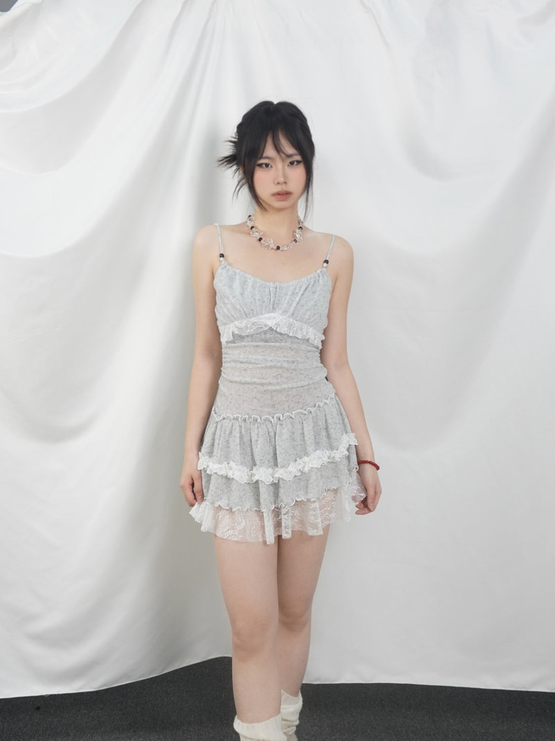 Grey White Lace Ruched Waist Tiered Ruffle Cami Mini Dress
