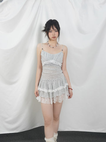Grey White Lace Ruched Waist Tiered Ruffle Cami Mini Dress