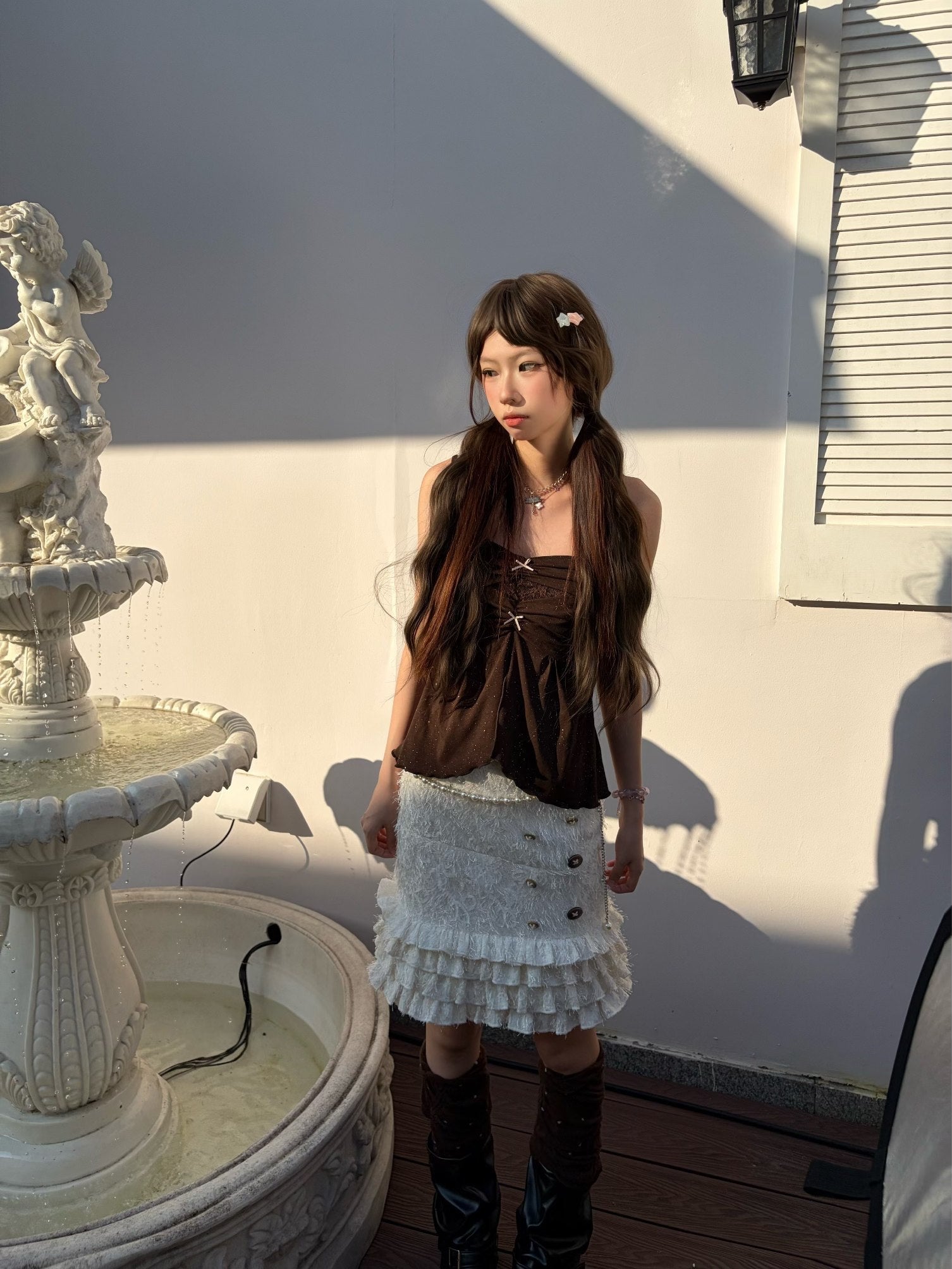 Holiday Fringe Ivory Textured Low-Rise Mermaid Midi Skirt