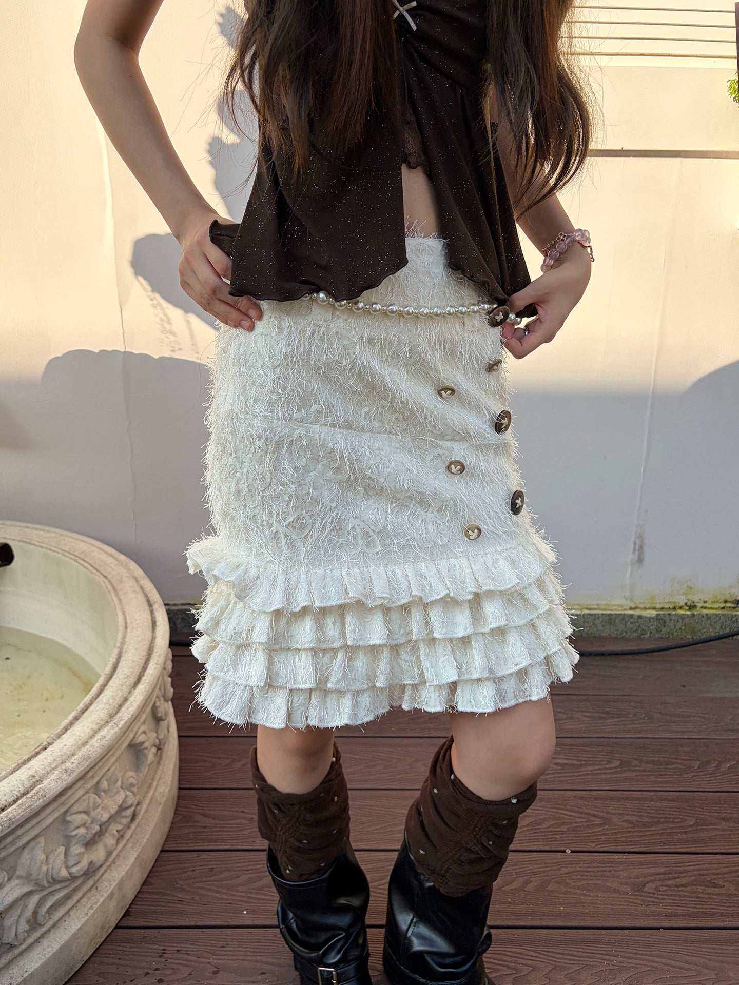Holiday Fringe Ivory Textured Low-Rise Mermaid Midi Skirt