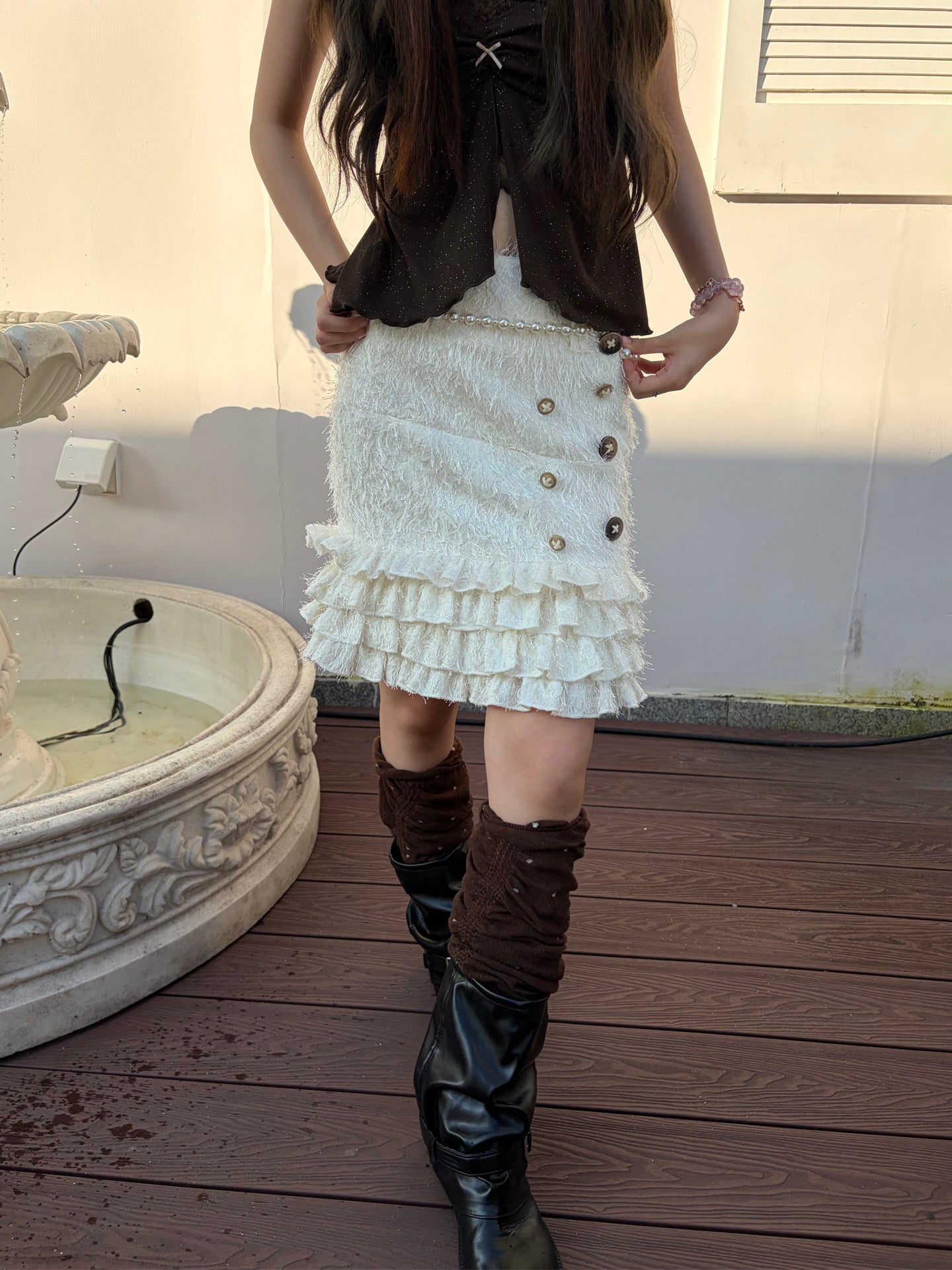 Holiday Fringe Ivory Textured Low-Rise Mermaid Midi Skirt