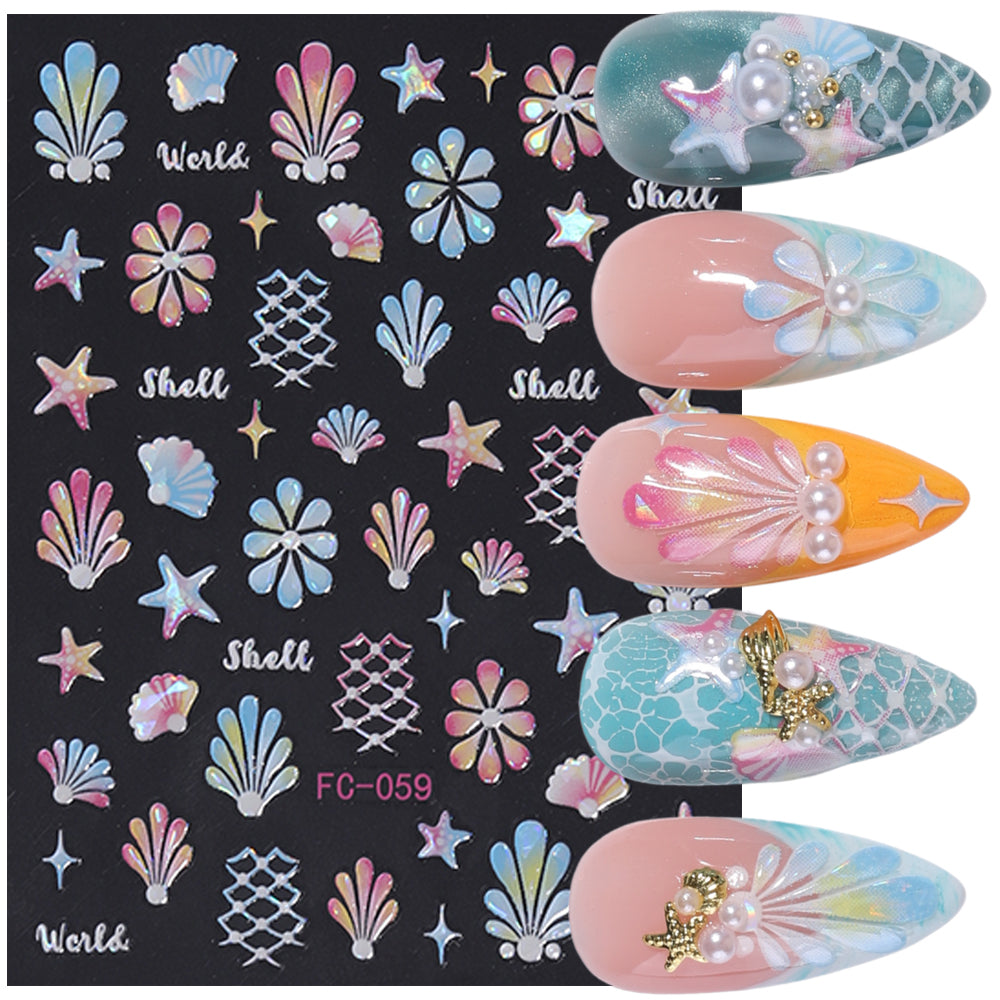 Holographic Summer Nail Stickers Seashell Starfish Mermaid Nail Decals