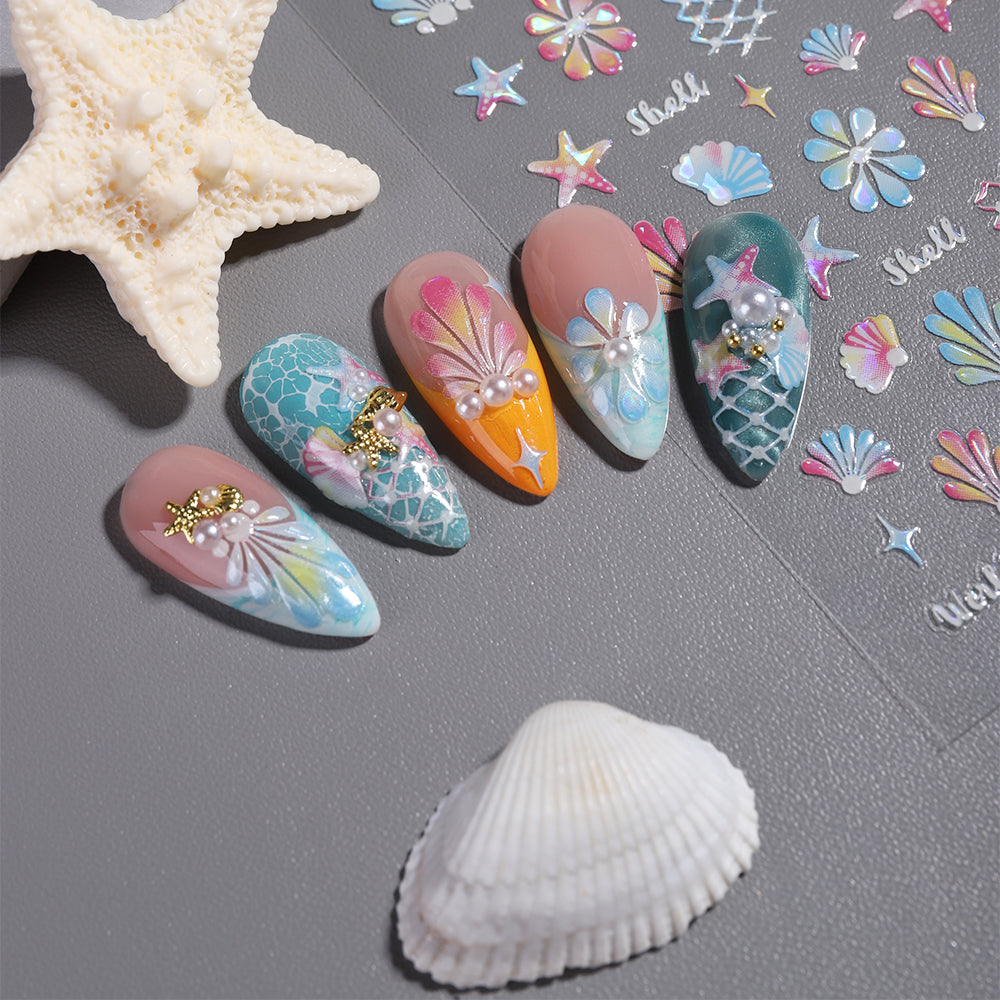 Holographic Summer Nail Stickers Seashell Starfish Mermaid Nail Decals