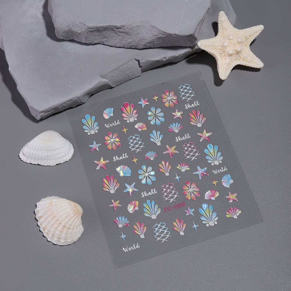 Holographic Summer Nail Stickers Seashell Starfish Mermaid Nail Decals