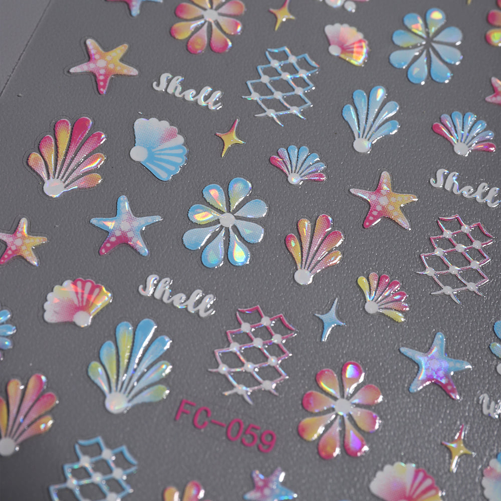 Holographic Summer Nail Stickers Seashell Starfish Mermaid Nail Decals