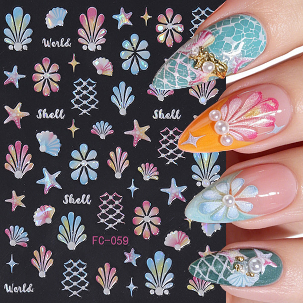 Holographic Summer Nail Stickers Seashell Starfish Mermaid Nail Decals
