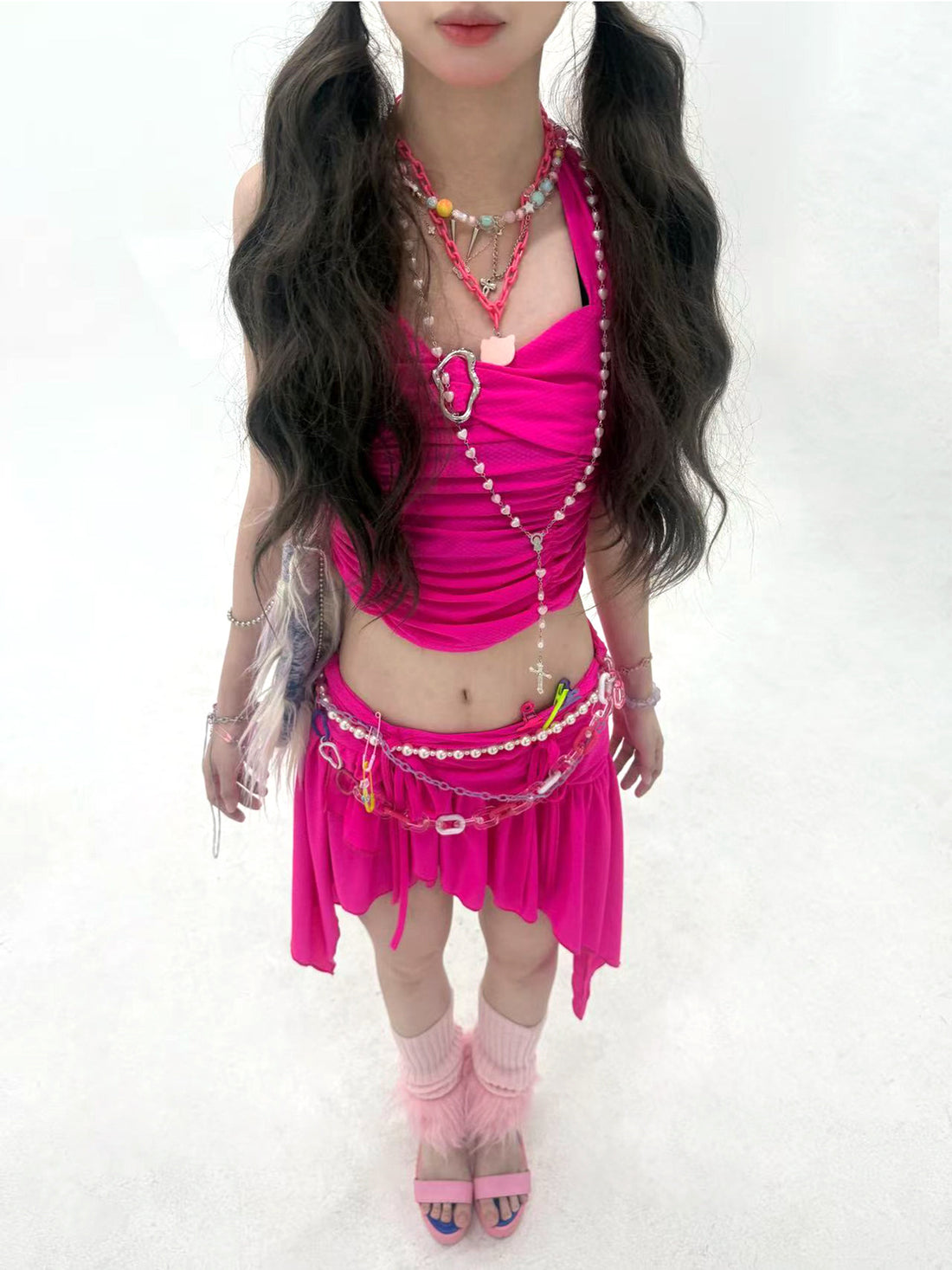 Hot Pink Halter Ring Ruched Crop Top & Asymmetric Ruffle Skirt Set