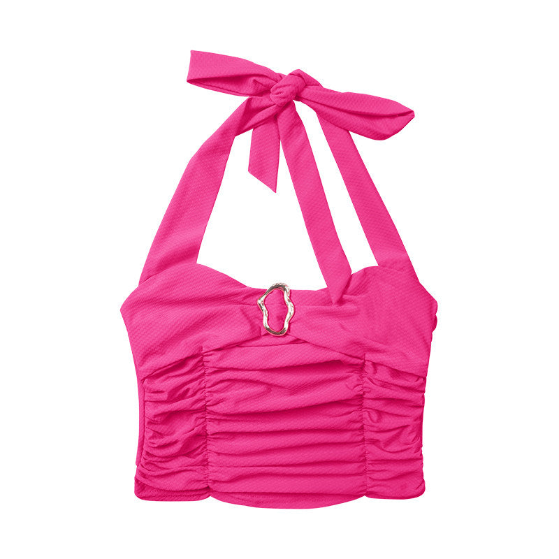 Hot Pink Halter Ring Ruched Crop Top & Asymmetric Ruffle Skirt Set