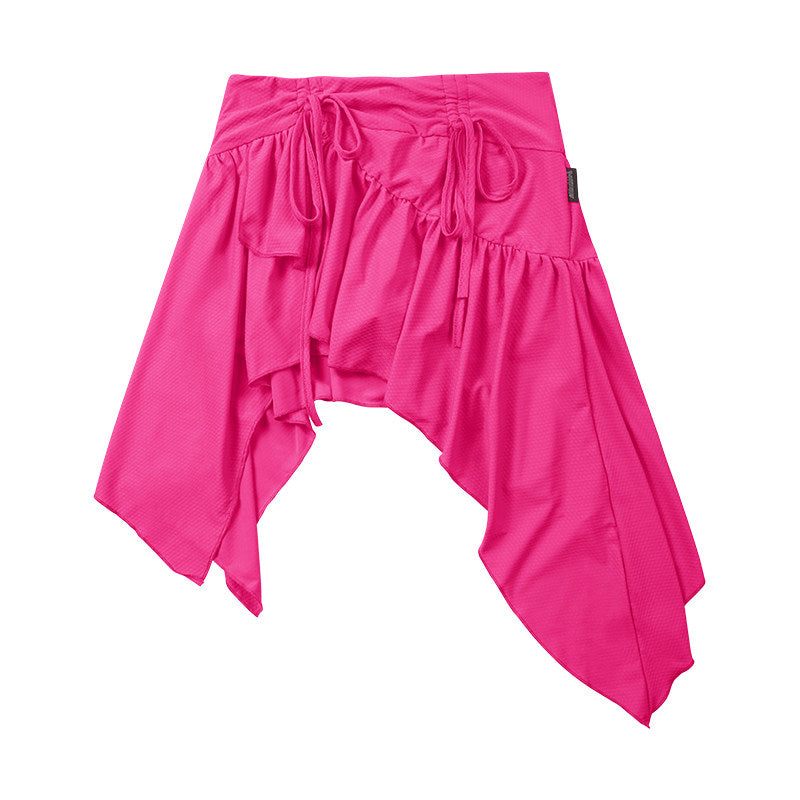 Hot Pink Halter Ring Ruched Crop Top & Asymmetric Ruffle Skirt Set