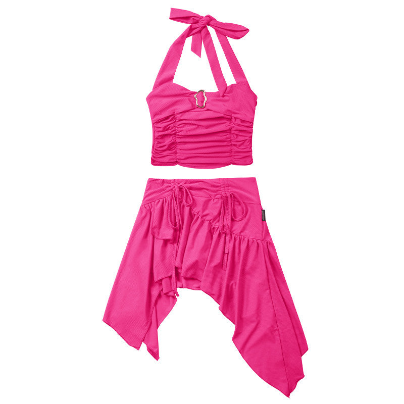 Hot Pink Halter Ring Ruched Crop Top & Asymmetric Ruffle Skirt Set