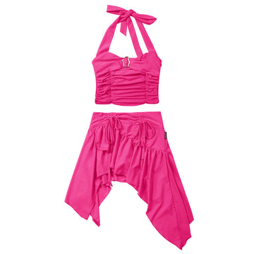 Hot Pink Halter Ring Ruched Crop Top & Asymmetric Ruffle Skirt Set