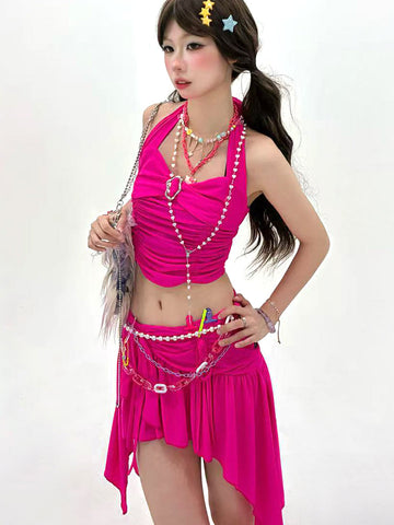 Hot Pink Halter Ring Ruched Crop Top & Asymmetric Ruffle Skirt Set